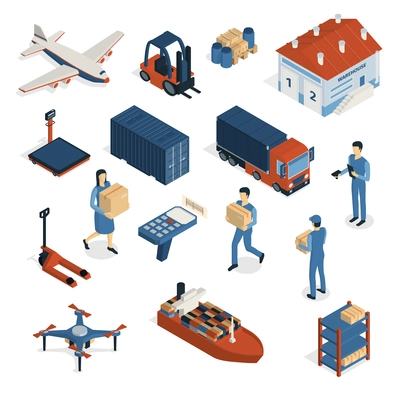 Isometric logistics delivery set of isolated images human characters parcel boxes and vehicles for fast shipping vector illustration