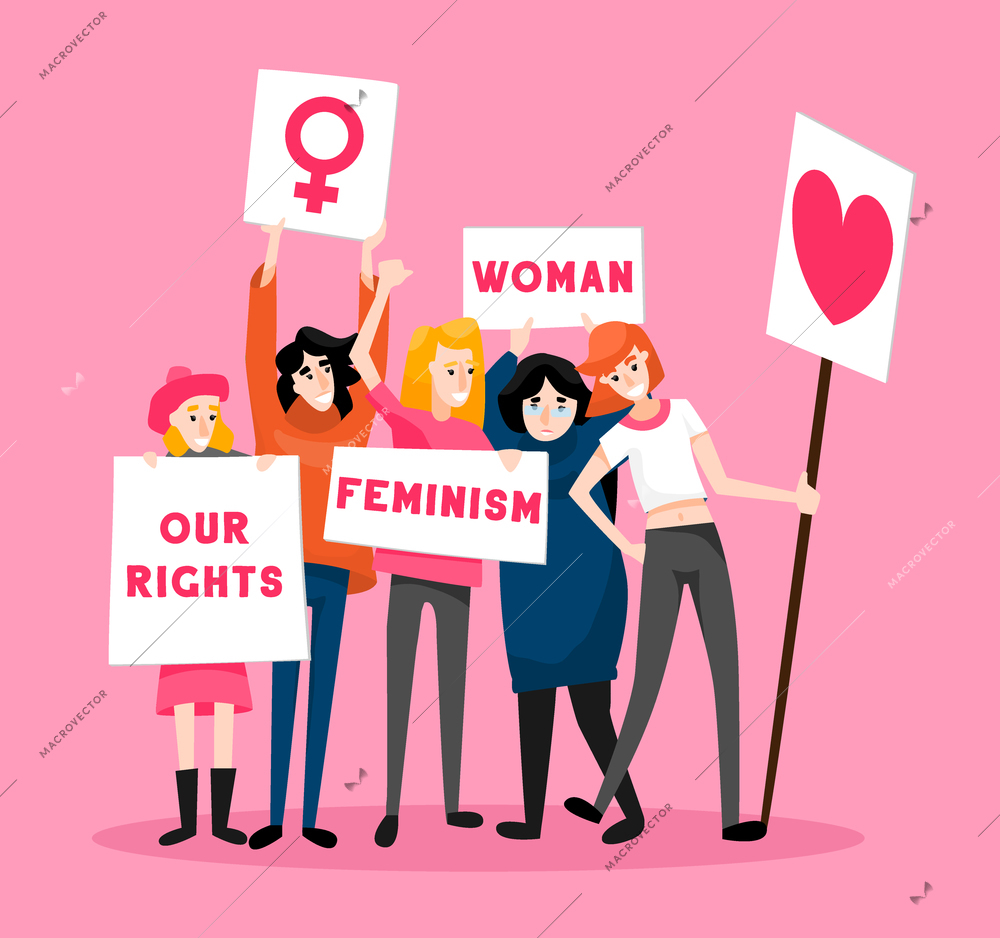 Protesting women feminism composition with solid pink background and doodle characters of female activists with placards vector illustration