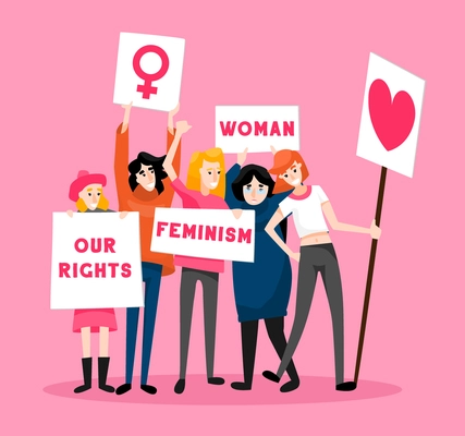 Protesting women feminism composition with solid pink background and doodle characters of female activists with placards vector illustration