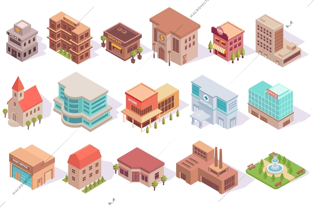 City set of isometric images of colourful modern architecture isolated buildings with shadows on blank background vector illustration