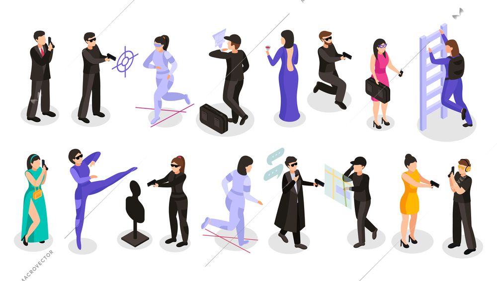 Special agent spy isometric recolor set of isolated male and female human characters in various outfit vector illustration