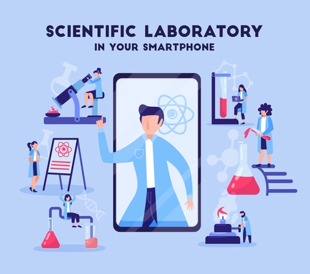 Science mobile applications flat composition with smartphone laboratory test apps microscope burner retort blue background vector illustration