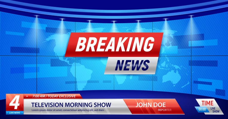 Breaking news background with silhouette of earth map studio lights and bars with editable vfx text vector illustration