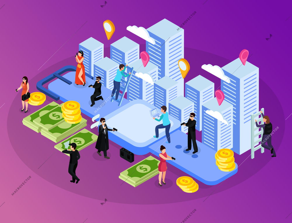 Special agent spy isometric composition with human characters near tall buildings with money and location signs vector illustration