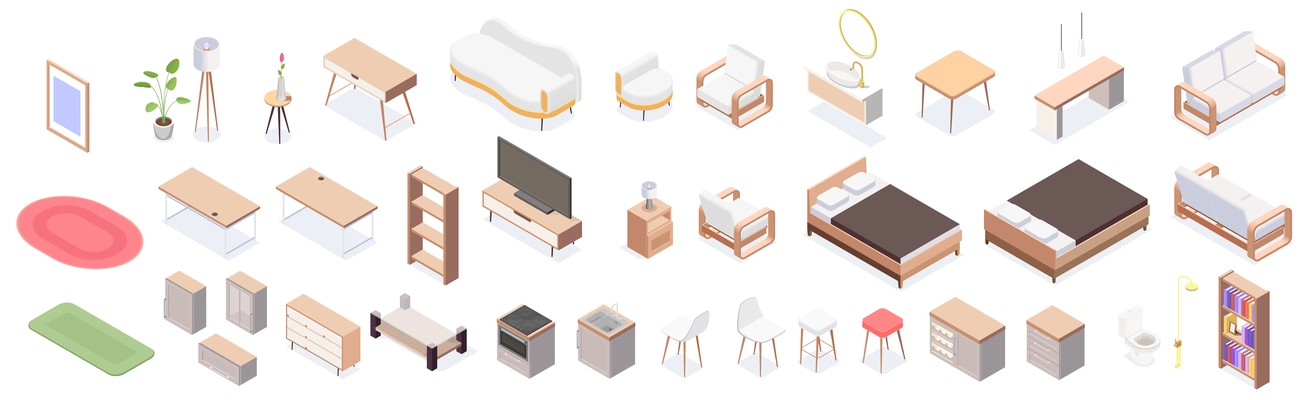 Isolated isometric furniture icon set with wooden armchair table cupboard worksplace bed and other furniture elements vector illustration