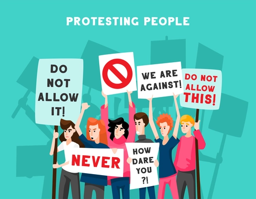 Protesting people activist composition with doodle style human characters of angry people holding placards with text vector illustration