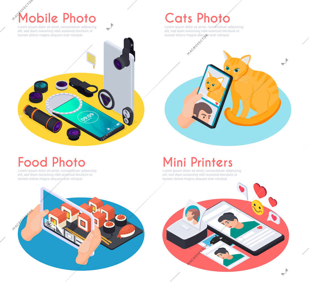 Isometric 2x2 design concept with cats and food mobile photos mini printers and various tools 3d isolated vector illustration