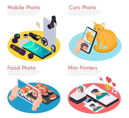 Isometric 2x2 design concept with cats and food mobile photos mini printers and various tools 3d isolated vector illustration