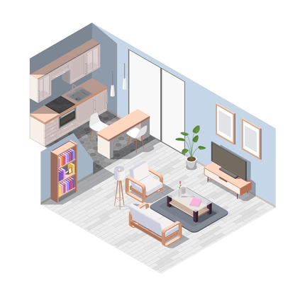 Isometric and colored interior furniture composition with equipped studio apartment with wooden furniture vector illustration