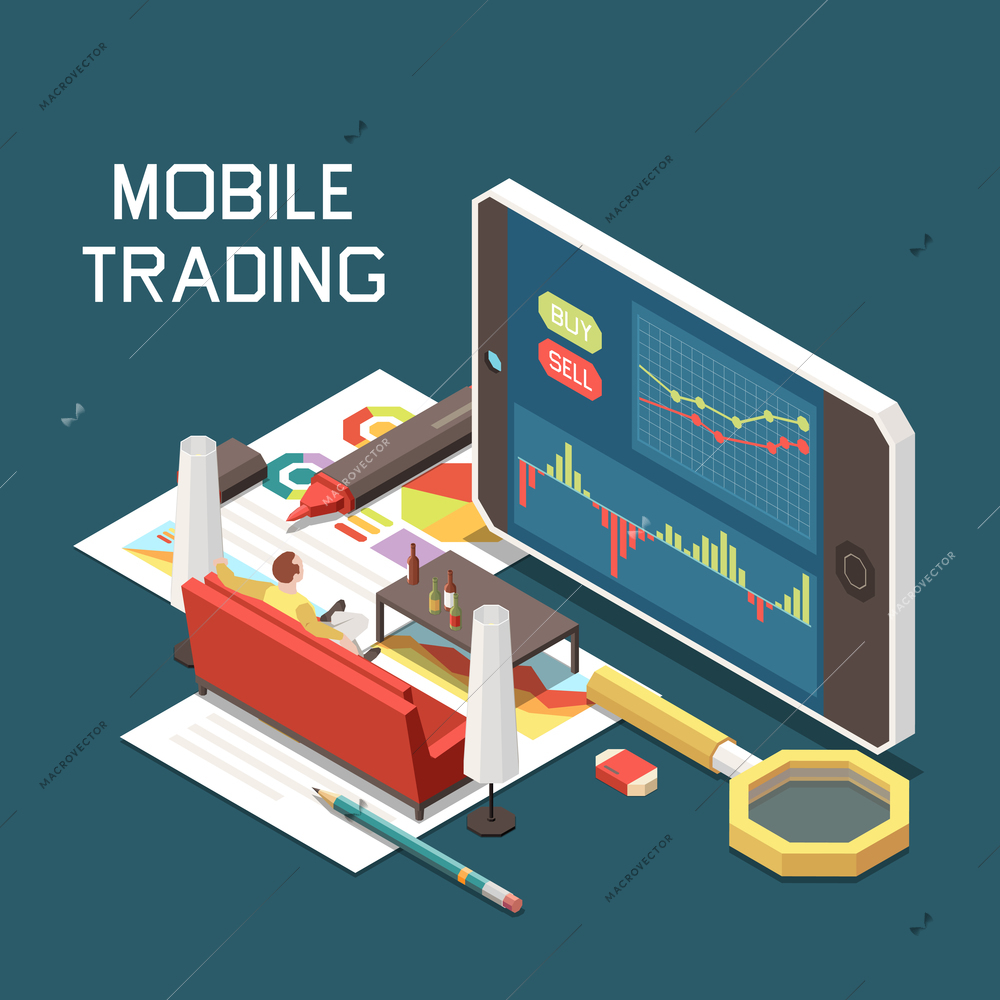 Mobile online trading isometric concept with smartphone and man working at home 3d vector illustration