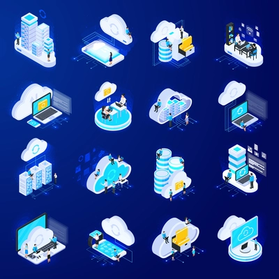 Set of sixteen isolated cloud services isometric icons with flat silhouette pictograms and 3d computing images vector illustration