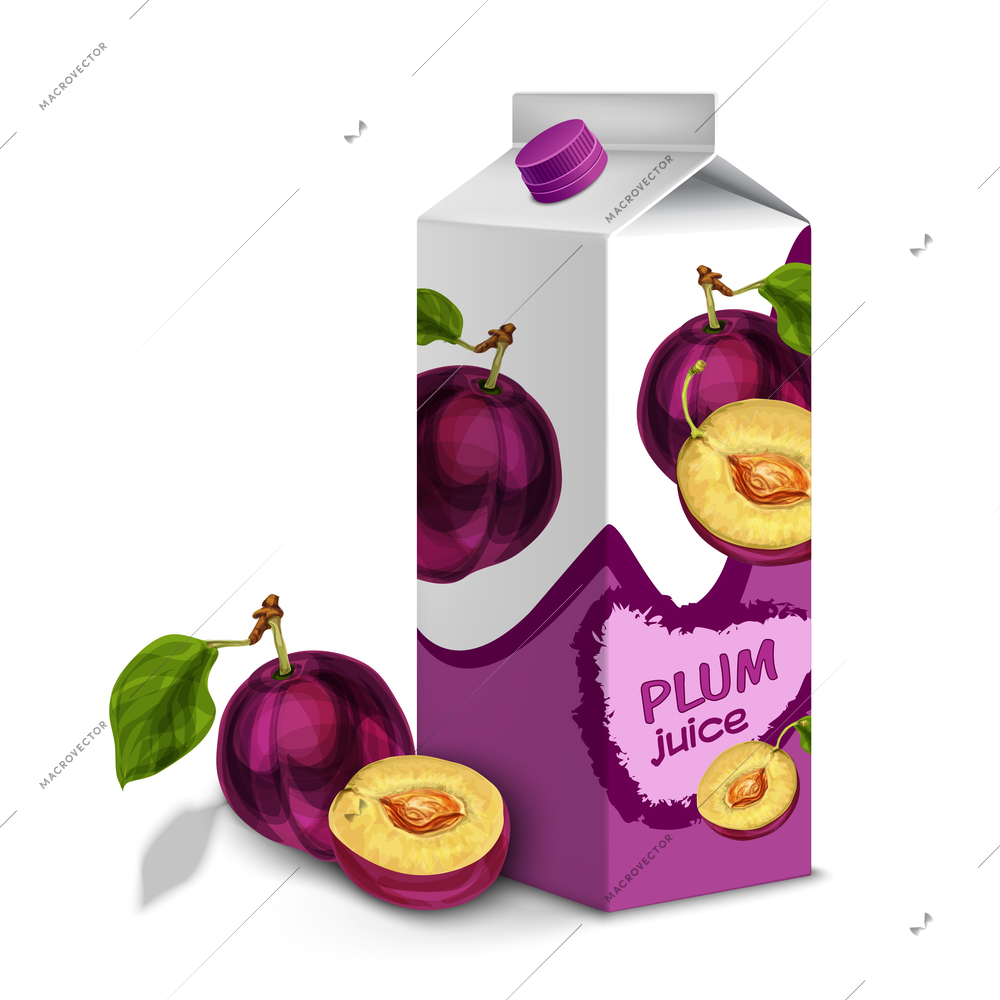 Juice carton box pack 3d with whole and cut plum isolated vector illustration
