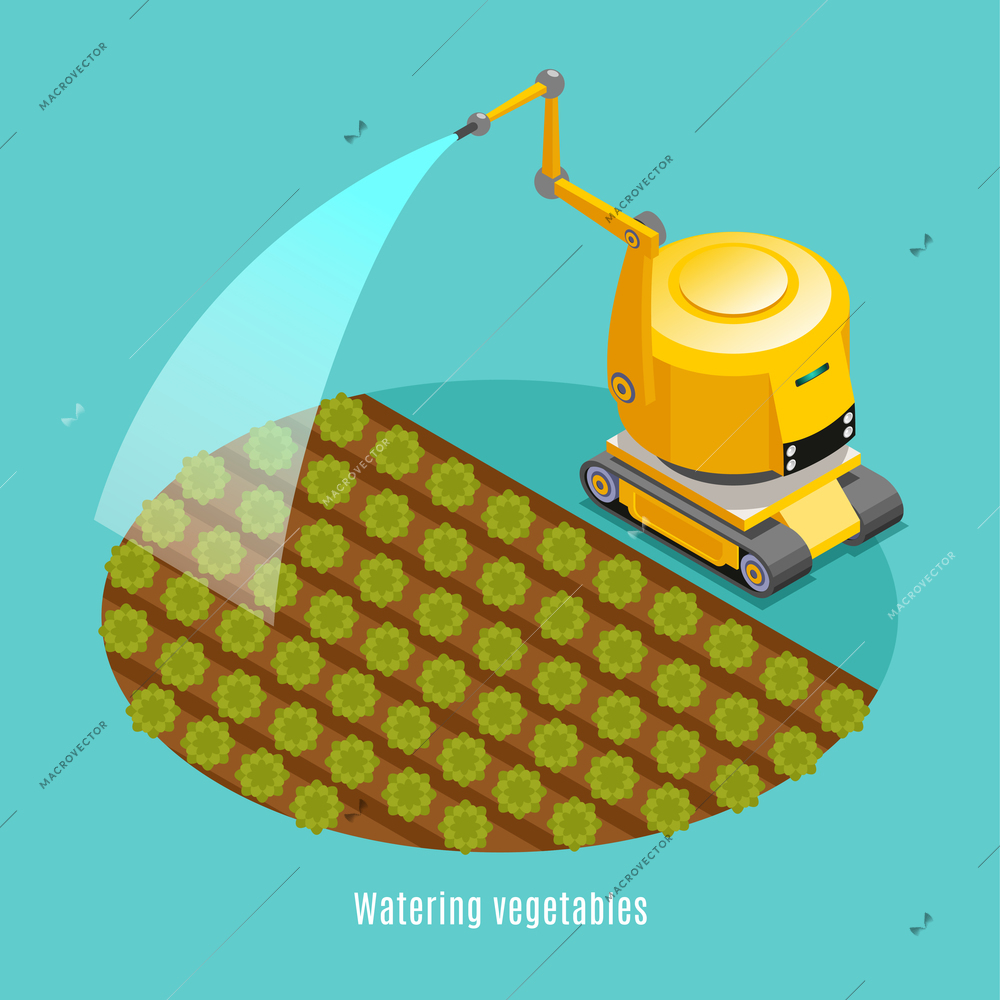 Agricultural precision technology robot optimizing irrigation water fertilizing vegetables and crops isometric  composition background poster vector illustration