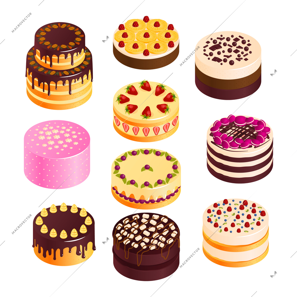 Birthday cake icons set with chocolate and fruit cakes isometric isolated vector illustration