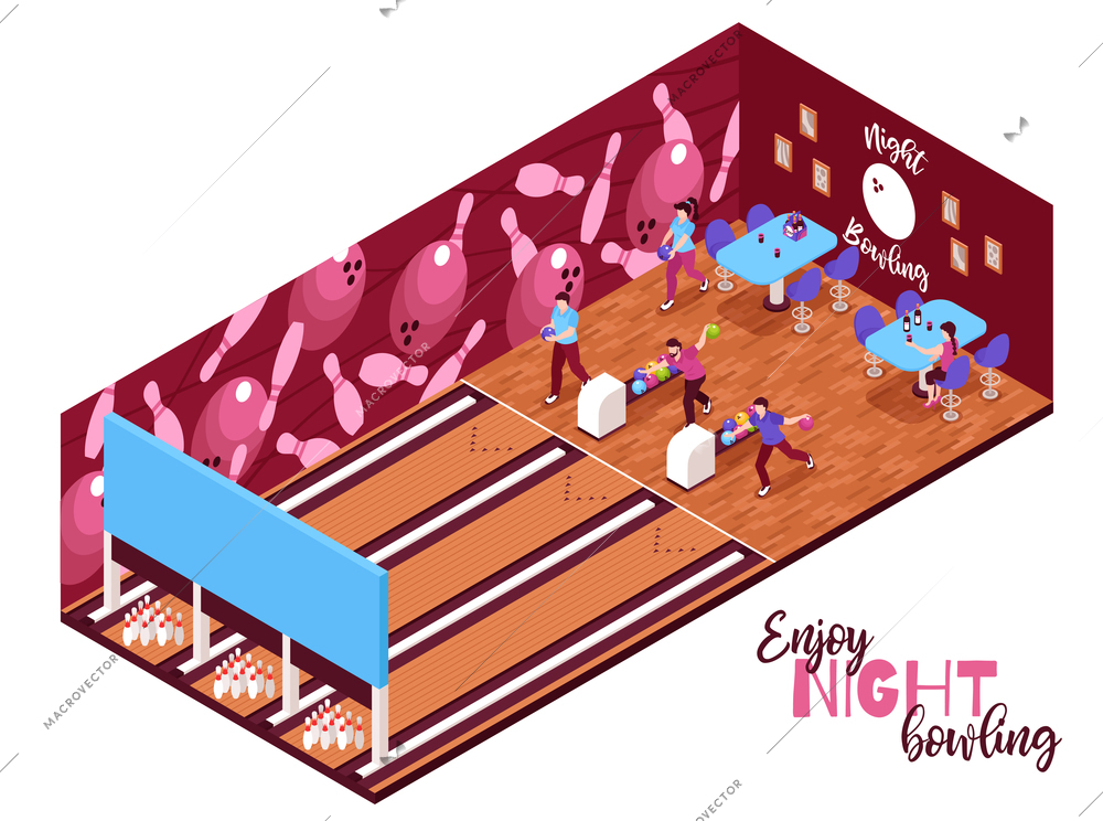 Isometric bowling center composition with ornate text and indoor view of bowling playing court with people vector illustration