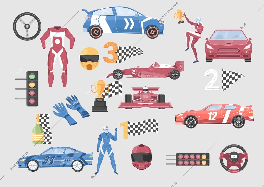 Flat colored icons set with racing cars racers and other elements isolated on grey background vector illustration