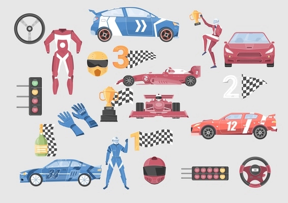 Flat colored icons set with racing cars racers and other elements isolated on grey background vector illustration