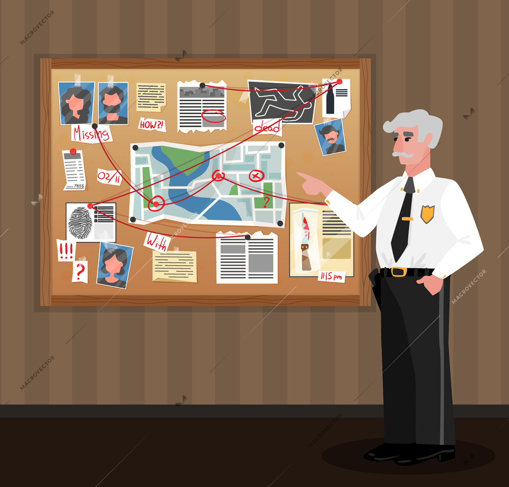 Detective board policeman composition with doodle style human character of investigating officer looking at investigation materials vector illustration