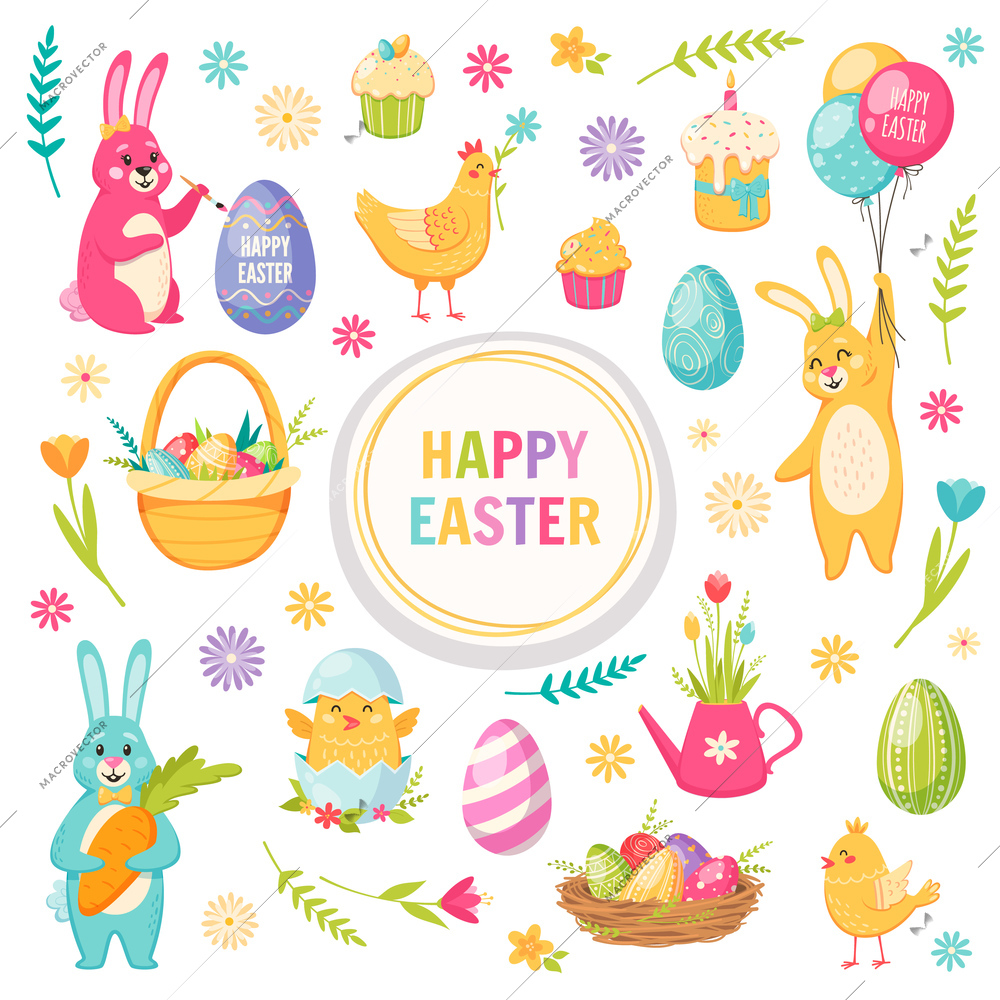 Happy Easter cartoon set with basket hare flowers and eggs isolated vector illustration