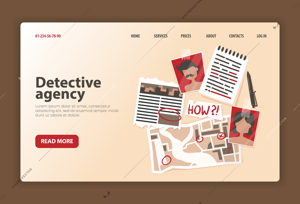 Detective agency website background landing page for private investigation company with clickable links buttons and text vector illustration