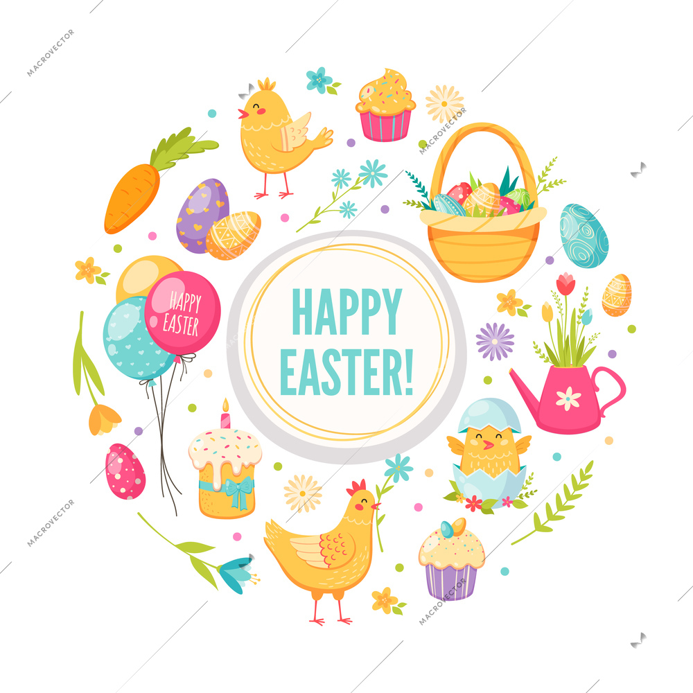 Easter cartoon round concept with chicken balloons cake and eggs vector illustration