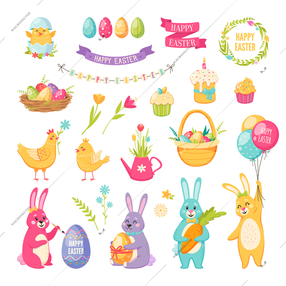 Easter cartoon set with cake balloons and eggs isolated vector illustration