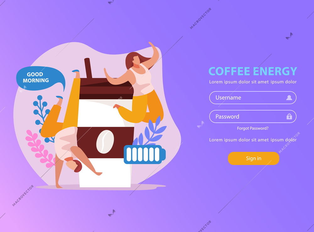 Caffeine stimulating effect flat background with coffee energy login page and fields for username and password vector illustration