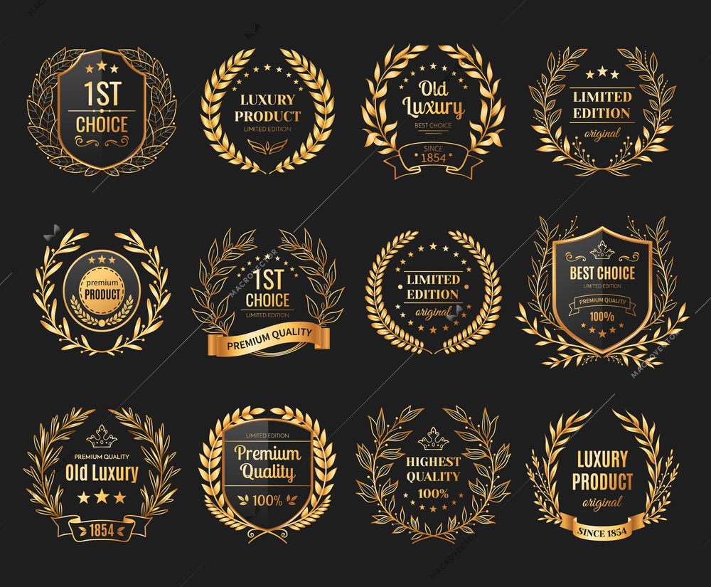 Prize emblems realistic set with laurel and wreath on black background isolated vector illustration