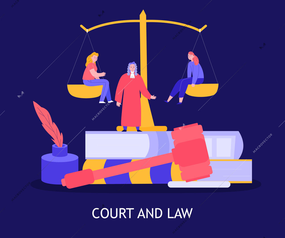 Court law colorful composition with judge gavel plaintiff and defendant sitting on balance blue background vector illustration