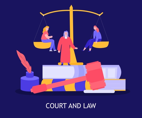 Court law colorful composition with judge gavel plaintiff and defendant sitting on balance blue background vector illustration