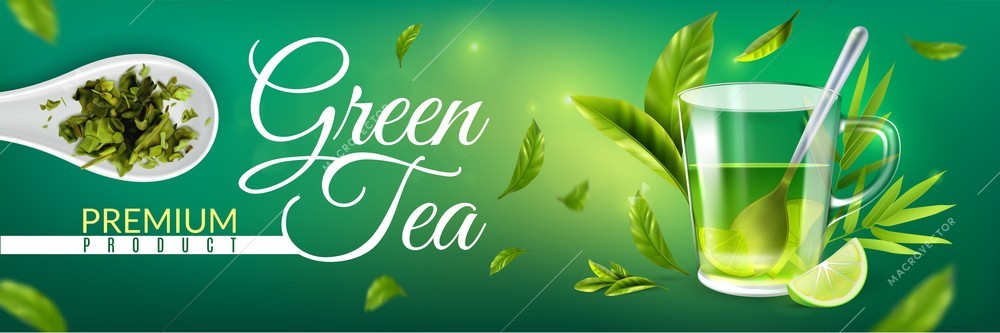 Green tea premium  horizontal poster with glass of aroma drink and slice of lemon vector illustration