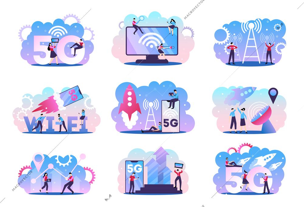 5g internet technology set of nine isolated compositions with doodle characters rockets in sky and pictograms vector illustration