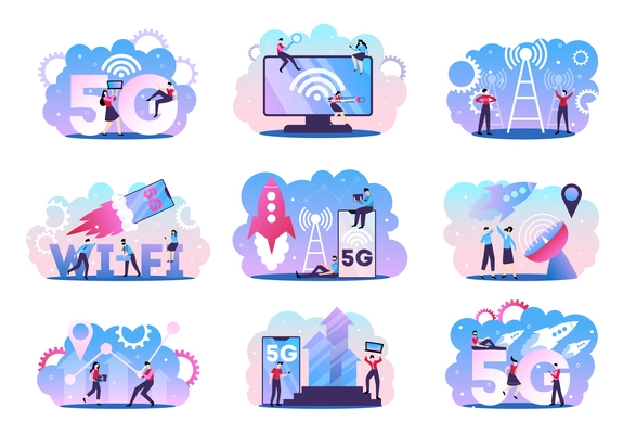 5g internet technology set of nine isolated compositions with doodle characters rockets in sky and pictograms vector illustration