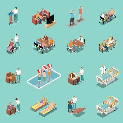 Nursing home isometric set of staff monitoring patients and elderly people involved in different activities isolated vector illustration