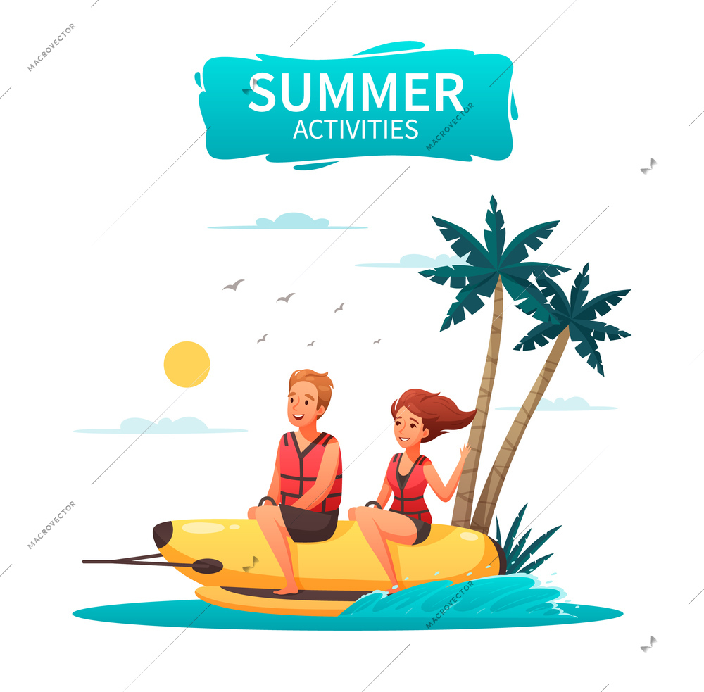 Happy couple doing water sports riding banana boat cartoon vector illustration