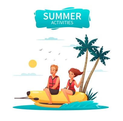 Happy couple doing water sports riding banana boat cartoon vector illustration