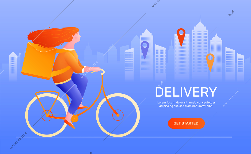 Courier delivery flat composition illustrated  young woman with food box on her back riding bike at city background vector illustration