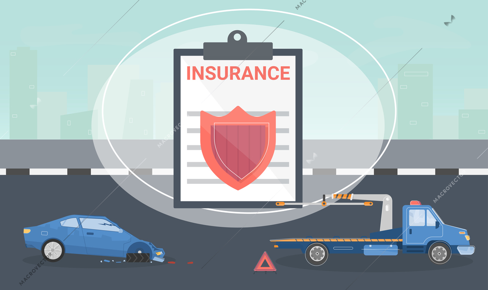 Car insurance services background with accident symbols flat vector illustration
