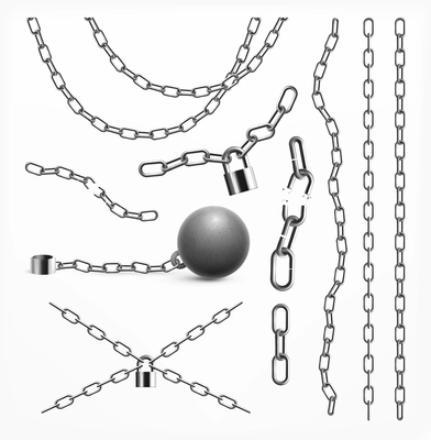 Abstract realistic background with collection of steel or silver chains and attached to them ball and locks isolated vector illustration