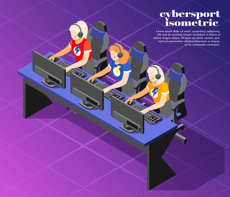 Cybersport isometric colored background with three girl playing the game on computers vector illustration