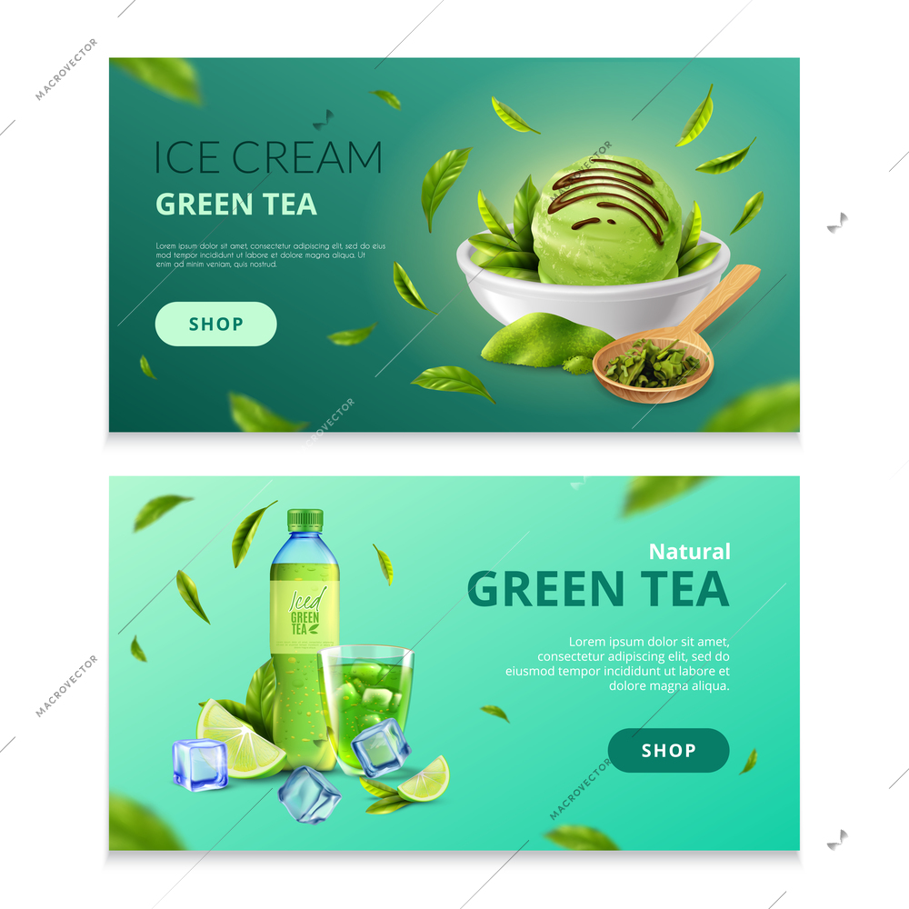 Green tea banners  with bottle of  iced  beverage and saucer of ice cream isolated vector illustration