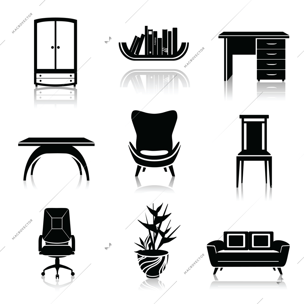 Furniture black decorative icons set of wardrobe armchair sofa isolated vector illustration