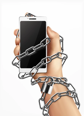 Smartphone addiction realistic design concept with human hand wrapped in  chain and holding gadget vector illustration