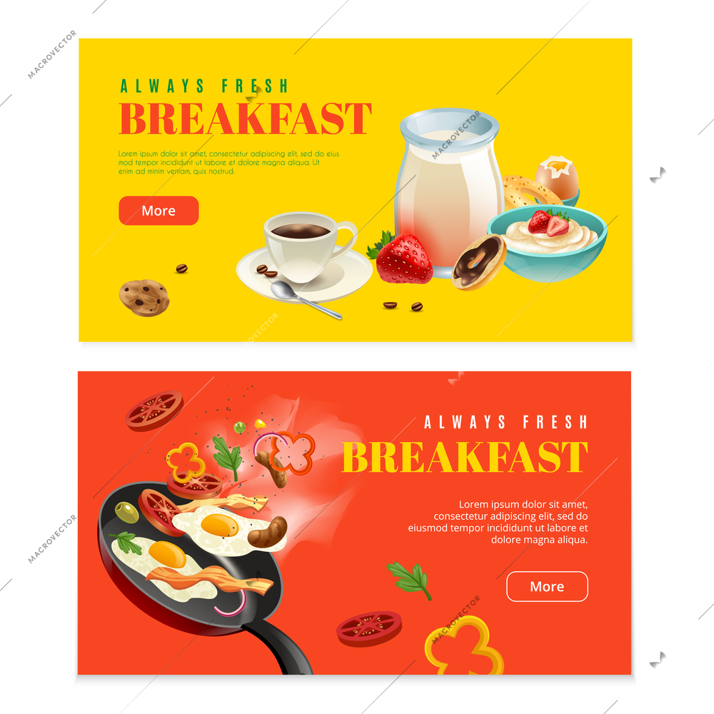 Breakfast two horizontal banners with fresh dairy dishes coffee cup scrambled eggs with bacon vector illustration