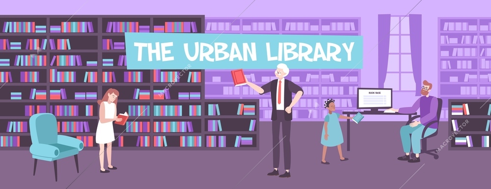 Library composition with indoor scenery of library space with lots of bookcases human characters and text vector illustration