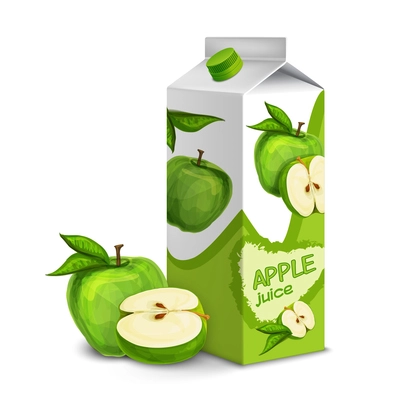 Juice carton box pack 3d with whole and cut apple isolated vector illustration