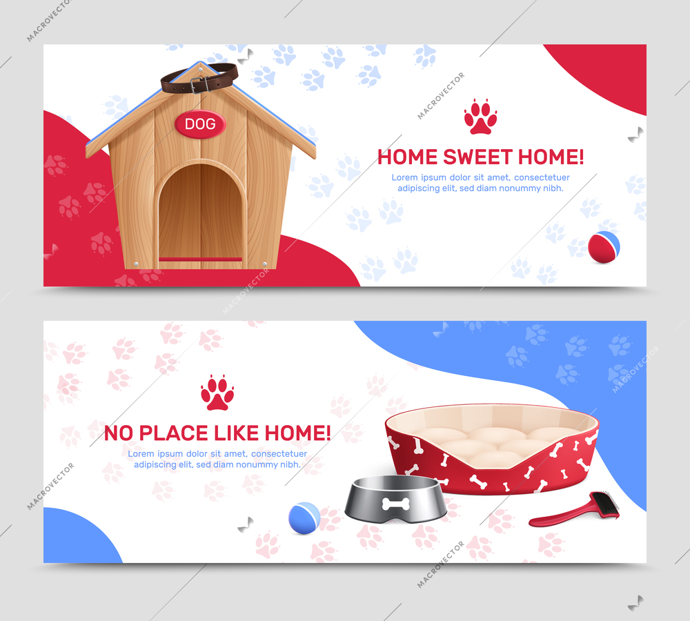 Pet service realistic banners with kennel and accessories for grooming feeding and washing dog vector illustration