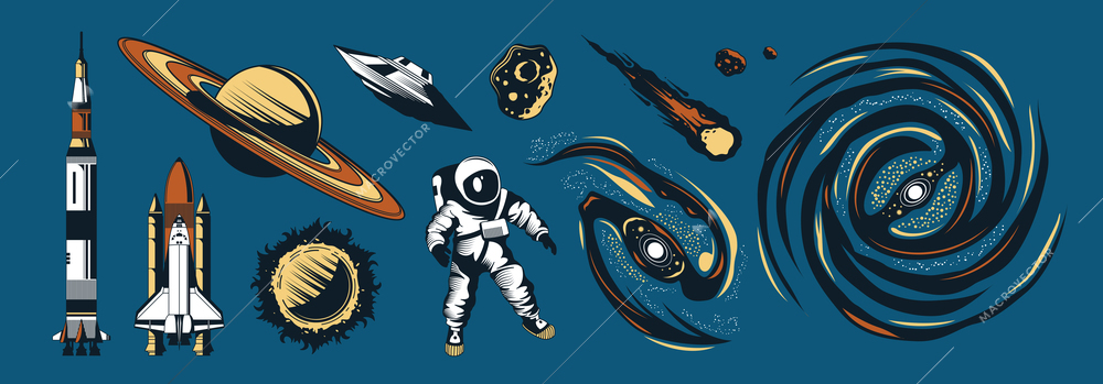 Space color hand drawn set of cosmonaut in spacesuit spaceship rocket comet planet isolated on blue background vector illustration