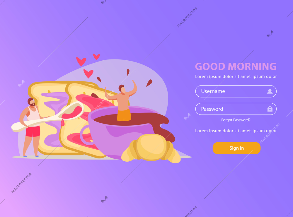 Morning people flat background with doodle human characters and fields for username password and sign in vector illustration