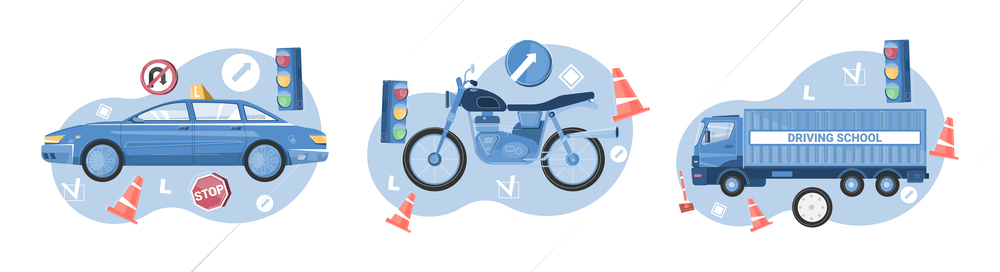 Driving school flat composition with car truck motorcycle traffic sign road cone isolated vector illustration